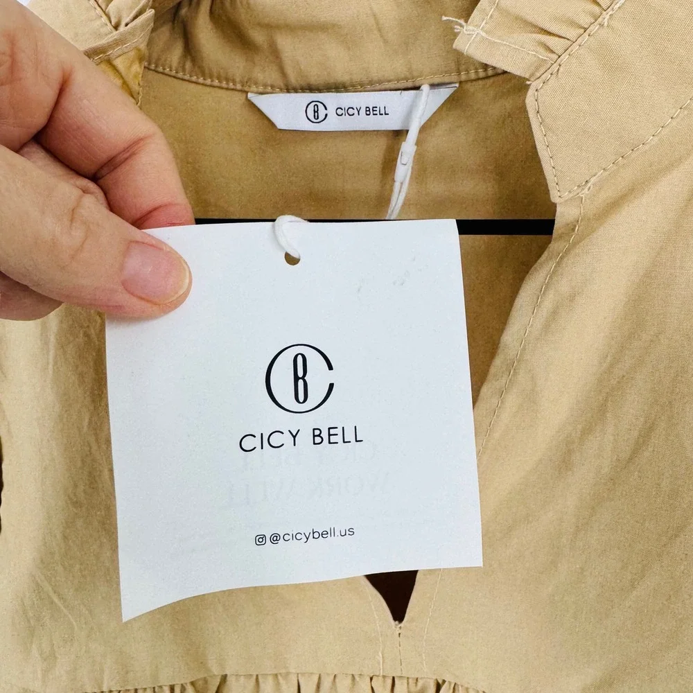 Cicy Bell Tan Babydoll Peasant Top NWT Size S Ruffle Puff Sleeve Neutral Capsule - Picture 4 of 10